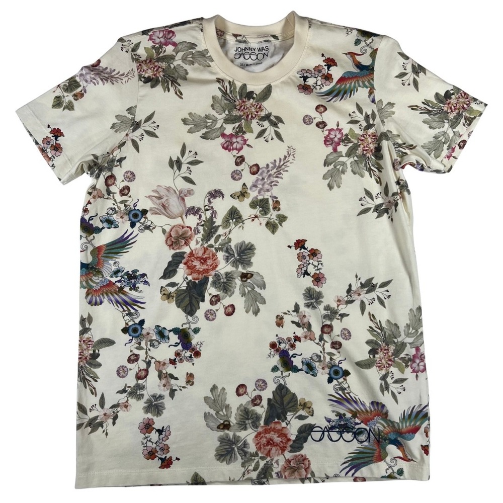 Johnny Was Sasson Dreamer Tee XS Floral Bird Graphic Cotton Boho Luxury Top